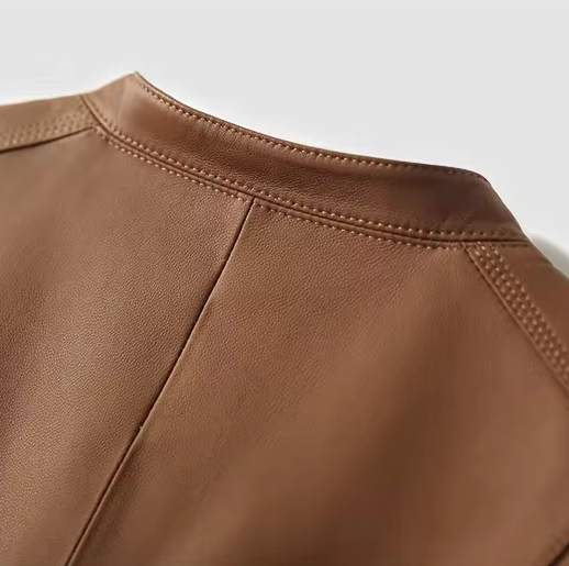 Women's Slim Fit Leather Jacket with Asymmetric Zip and Snap Collar