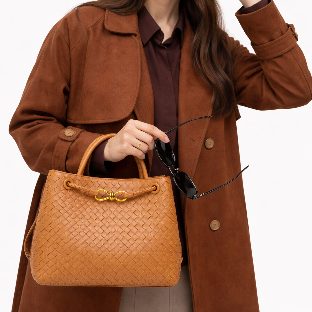 Women's Woven Faux Leather Tote Bag with Gold Clasp