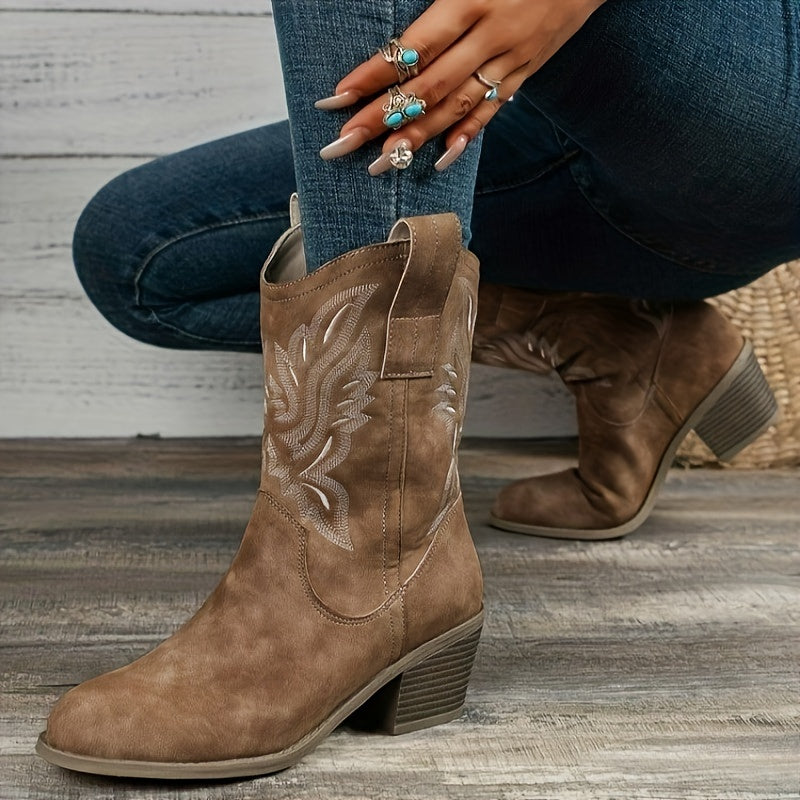 Lila | Women’s Wide Calf Mid-Calf Cowgirl Boots With Embroidered Shaft 0