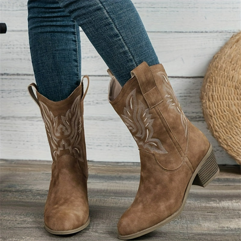 Lila | Women’s Wide Calf Mid-Calf Cowgirl Boots With Embroidered Shaft 1