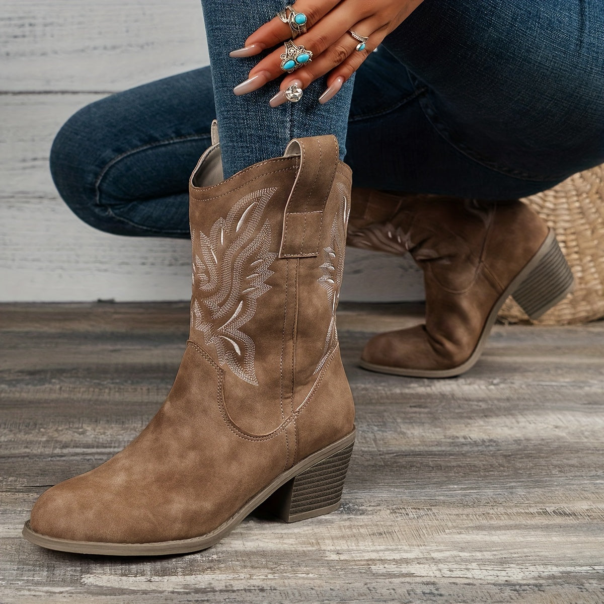 Lila | Women’s Wide Calf Mid-Calf Cowgirl Boots With Embroidered Shaft 2