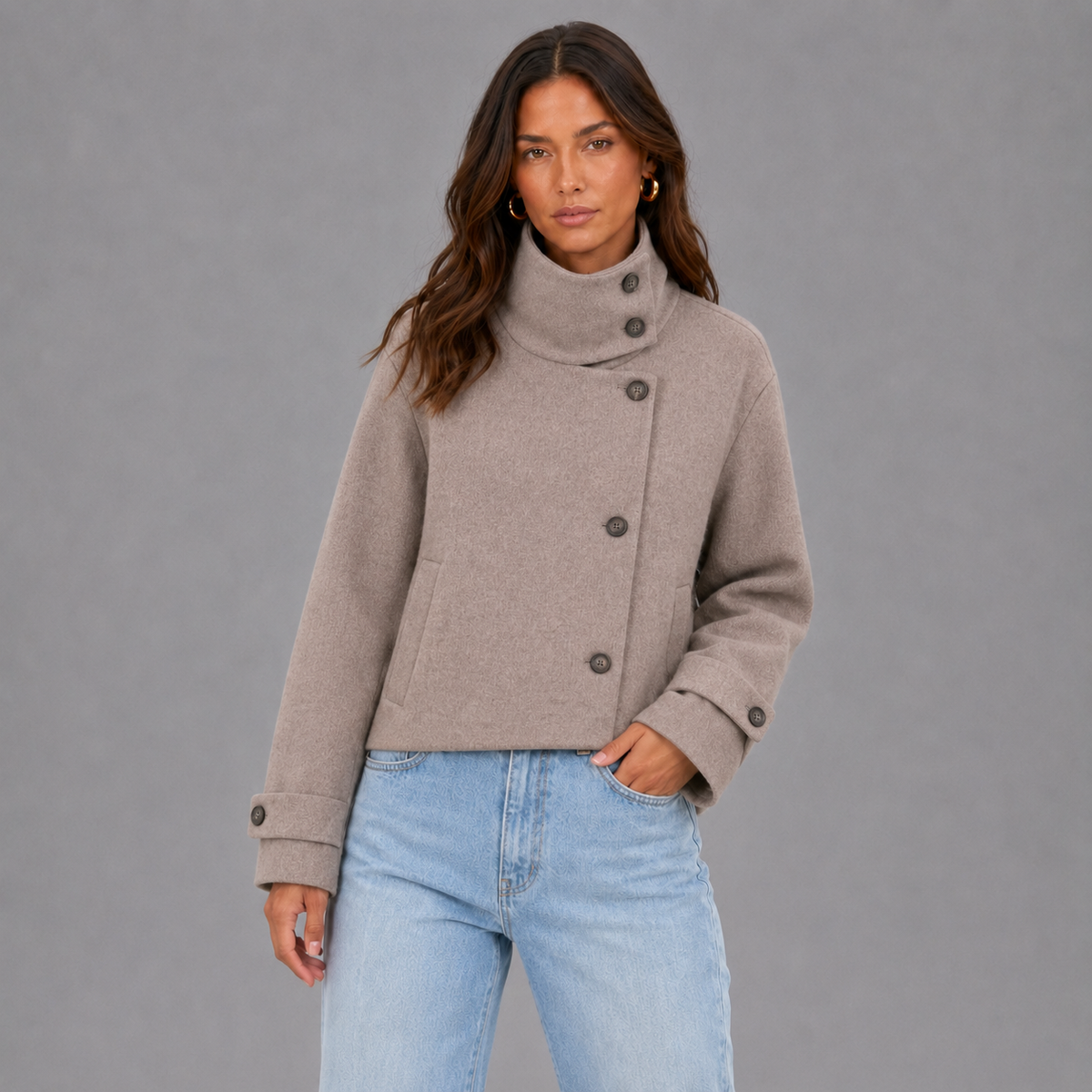 Short Wool-Blend Coat – Stand-Up Collar and Asymmetric Buttoning