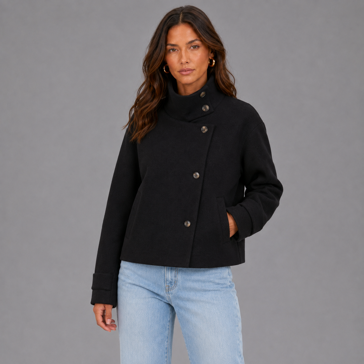 Short Wool-Blend Coat – Stand-Up Collar and Asymmetric Buttoning