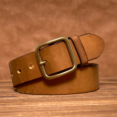 Men's Durable Cowhide Leather Belt | Classic Brass Buckle | Timeless Stylish Accessory 0