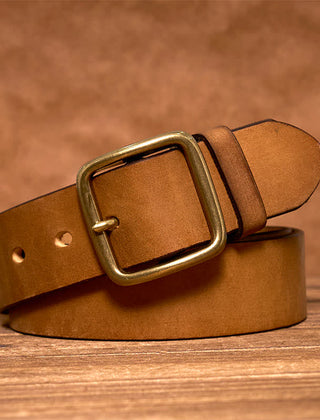 Men's Durable Cowhide Leather Belt | Classic Brass Buckle | Timeless Stylish Accessory 0