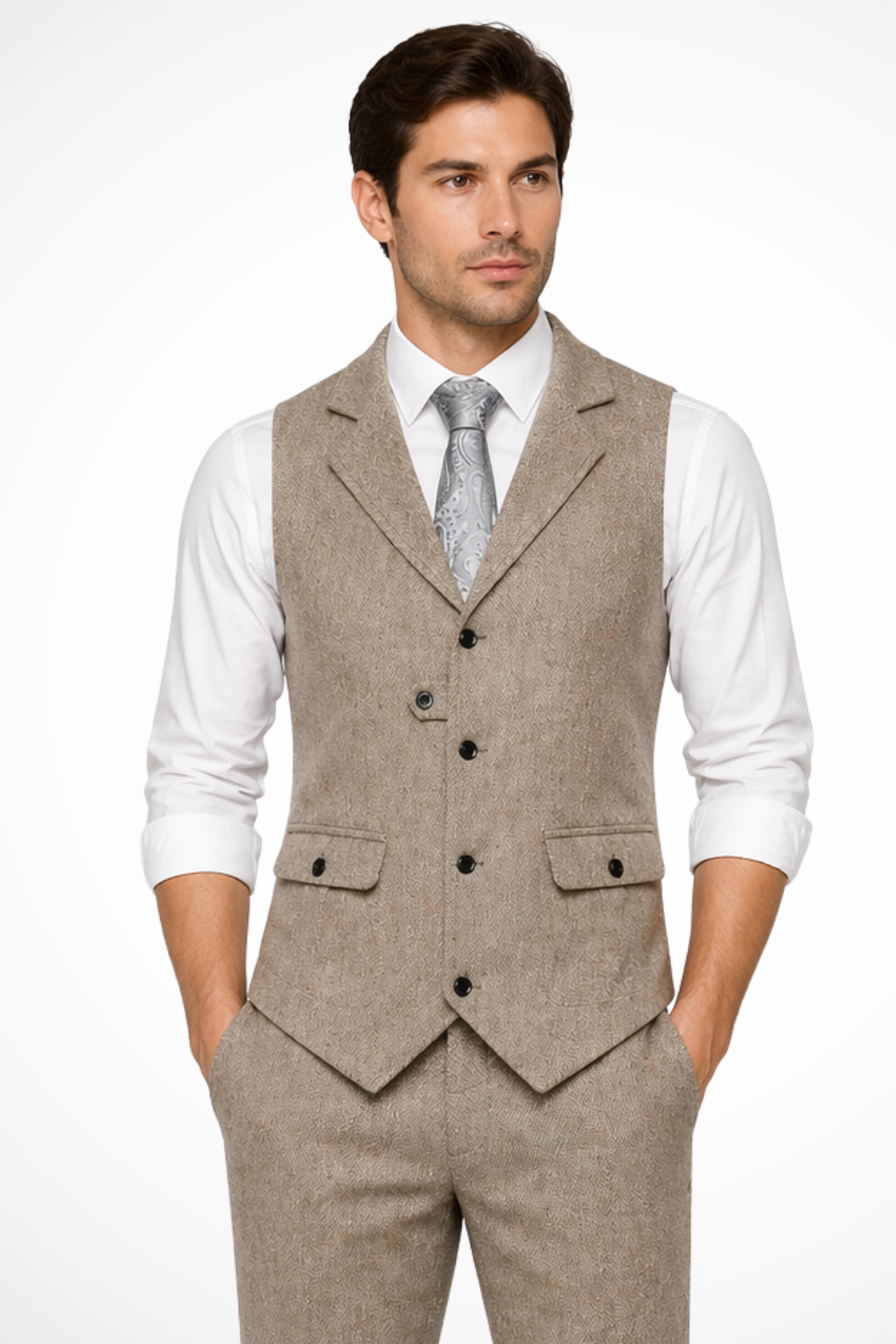 Men's Herringbone Tweed Waistcoat | Elegant Tailored Formal Attire 7