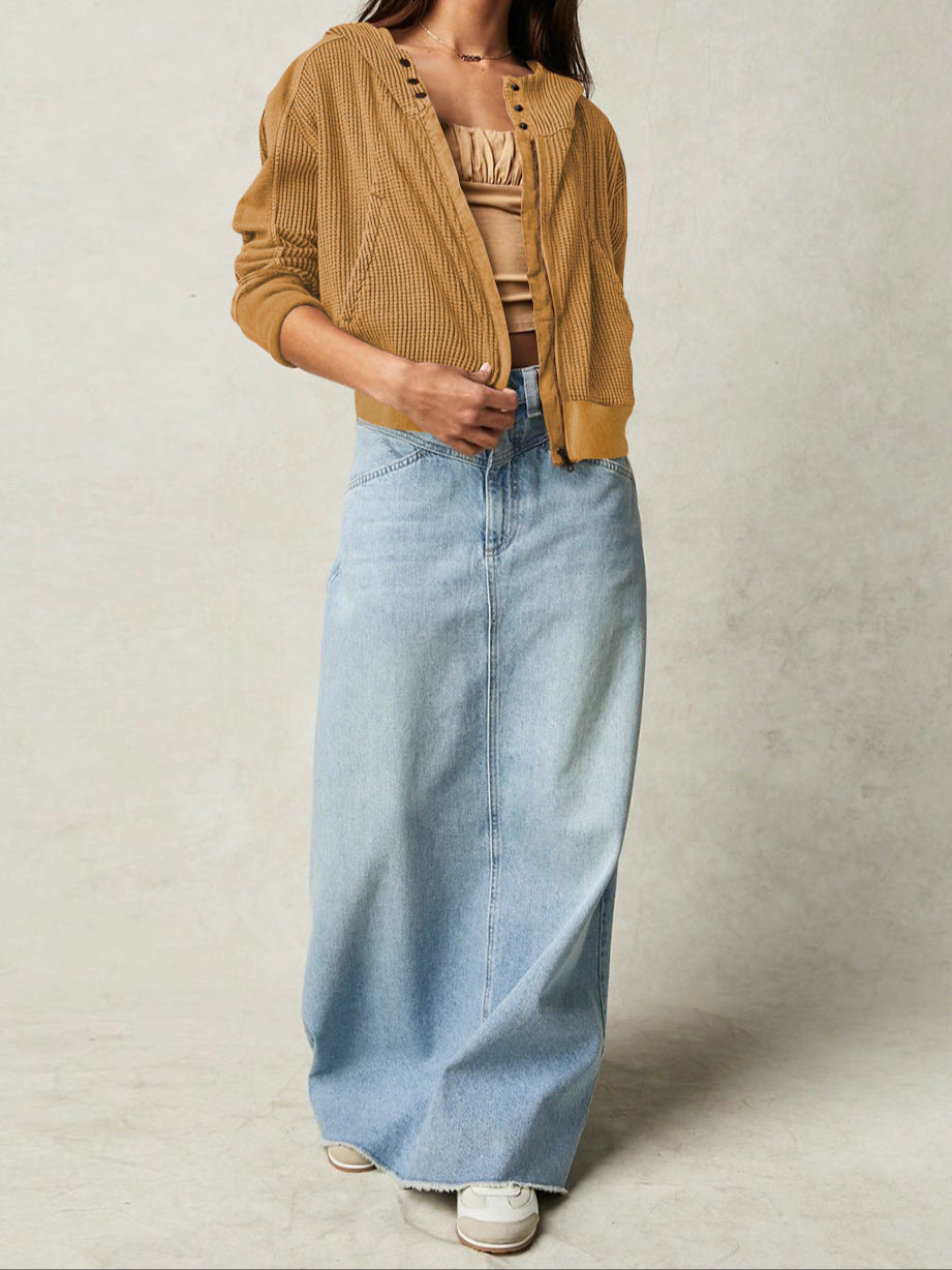 Women's Cropped Waffle Knit Hoodie with Full Zip and Button Collar