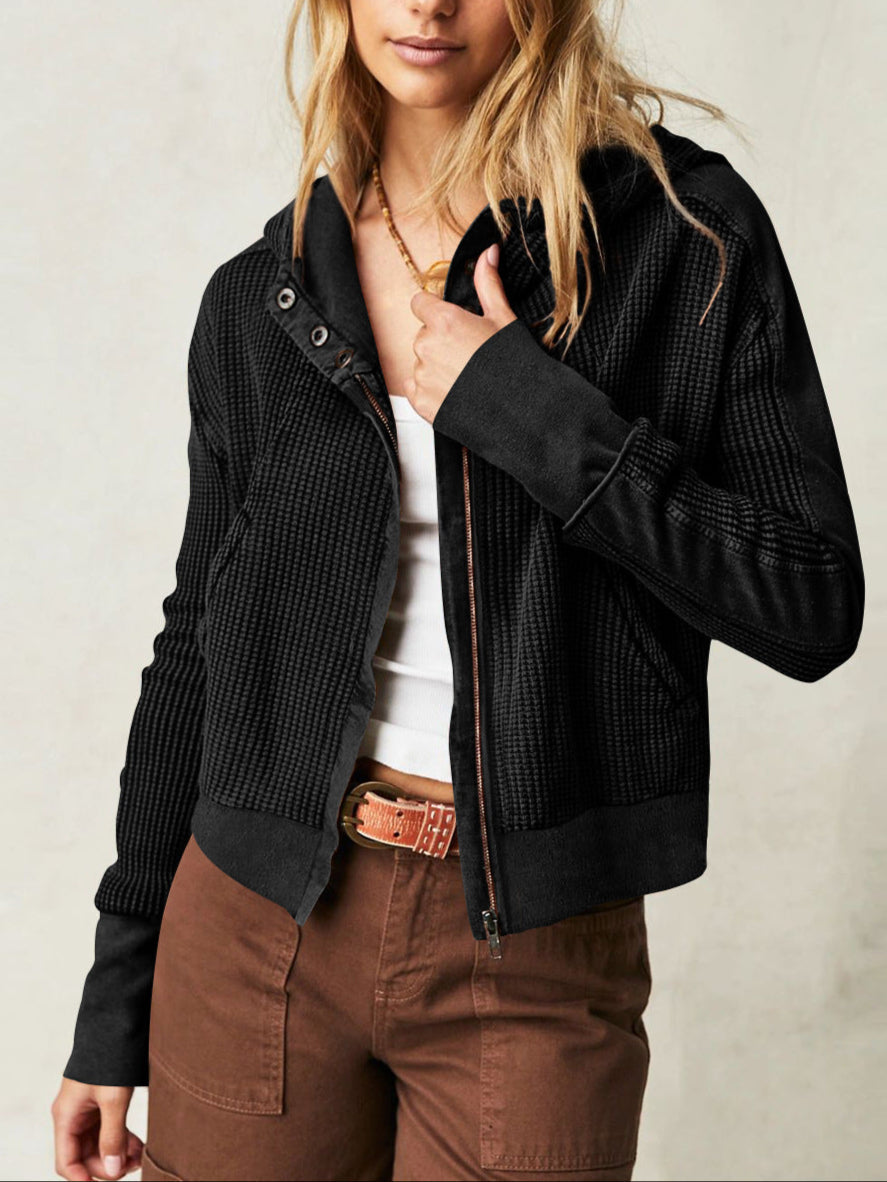 Women's Cropped Waffle Knit Hoodie with Full Zip and Button Collar