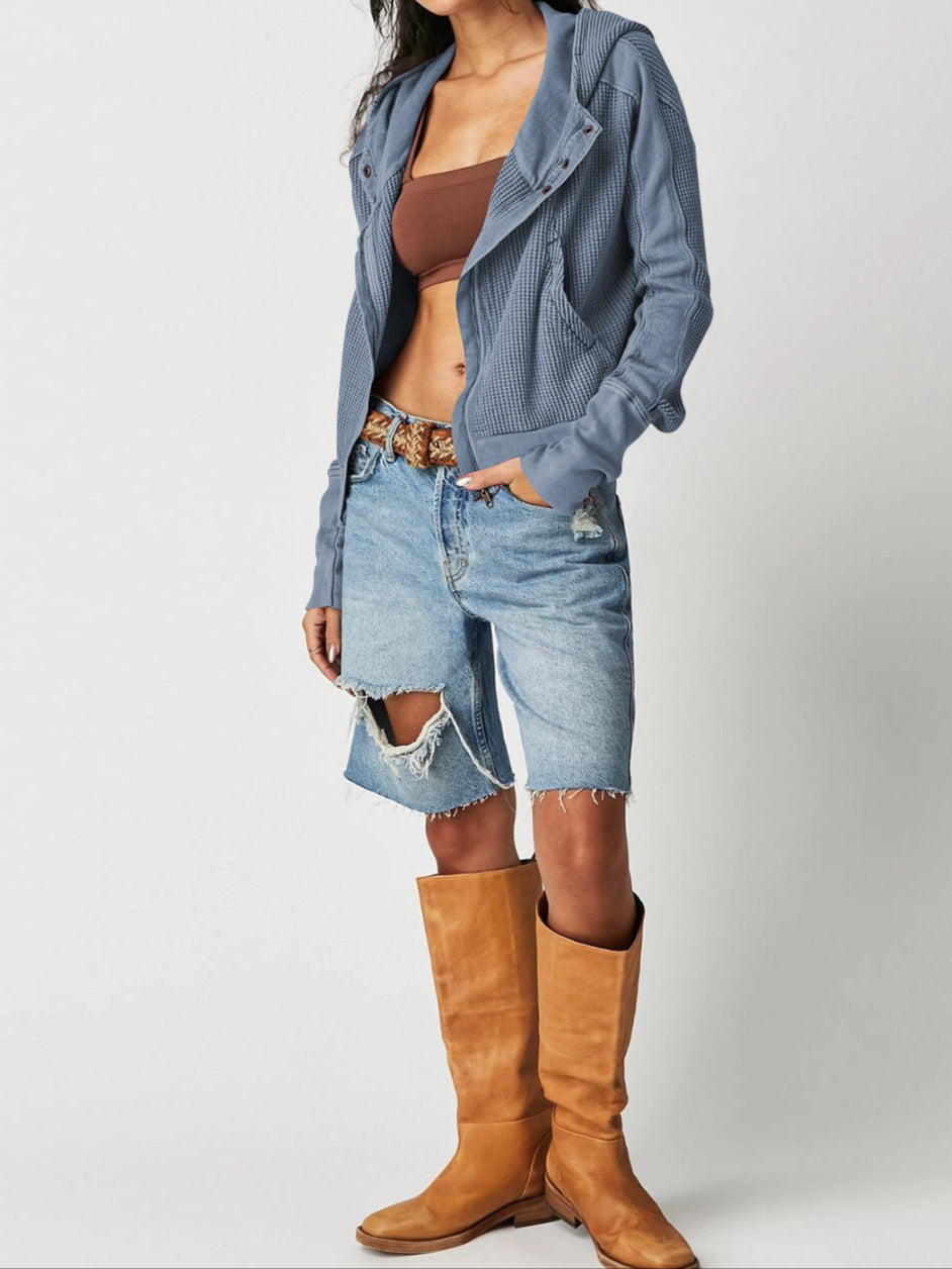 Women's Cropped Waffle Knit Hoodie with Full Zip and Button Collar