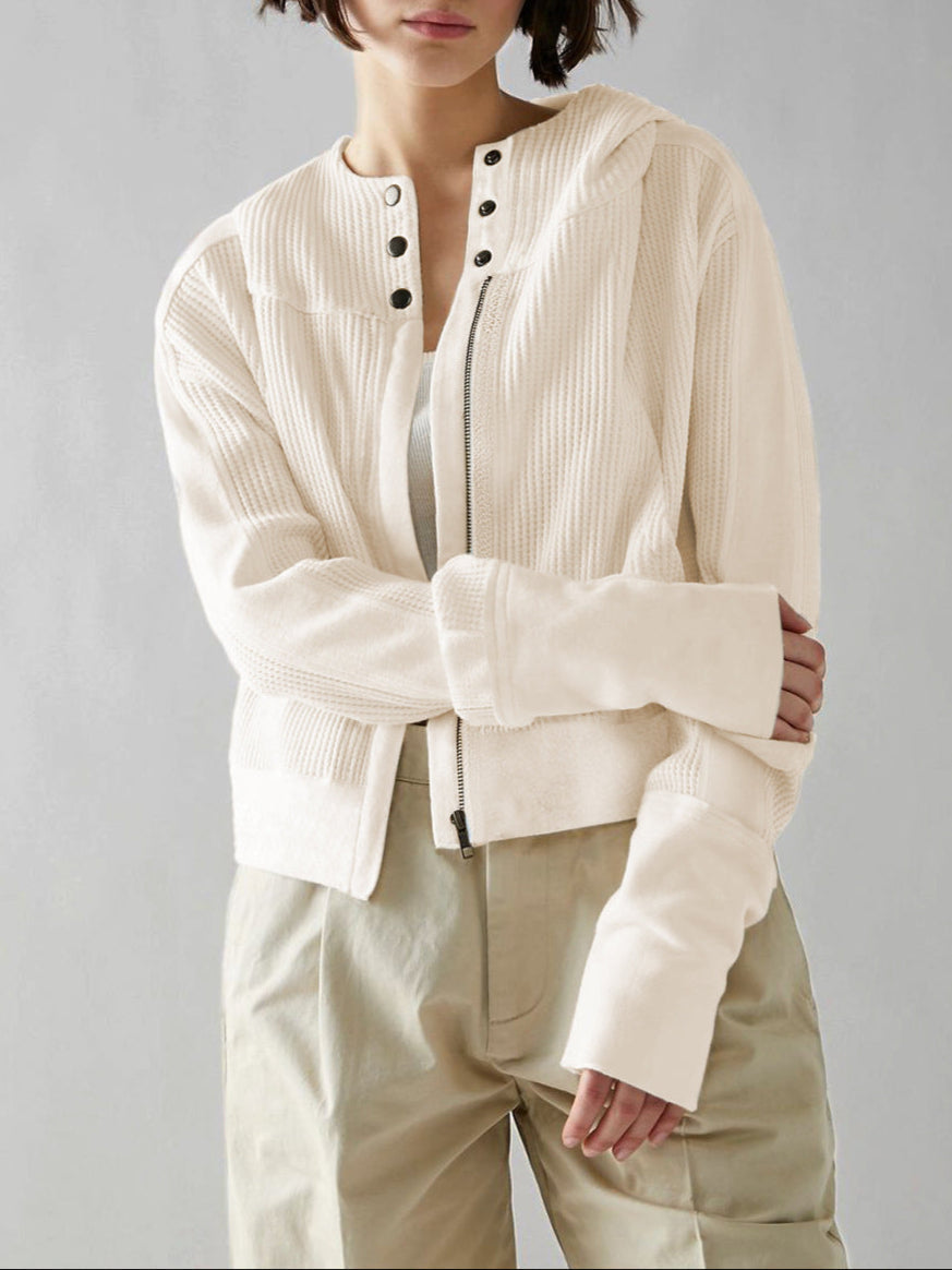 Women's Cropped Waffle Knit Hoodie with Full Zip and Button Collar