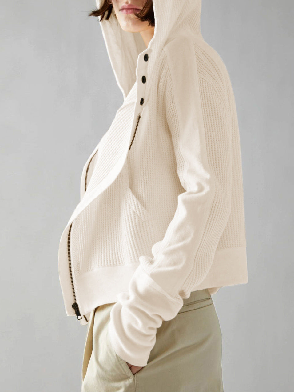 Women's Cropped Waffle Knit Hoodie with Full Zip and Button Collar