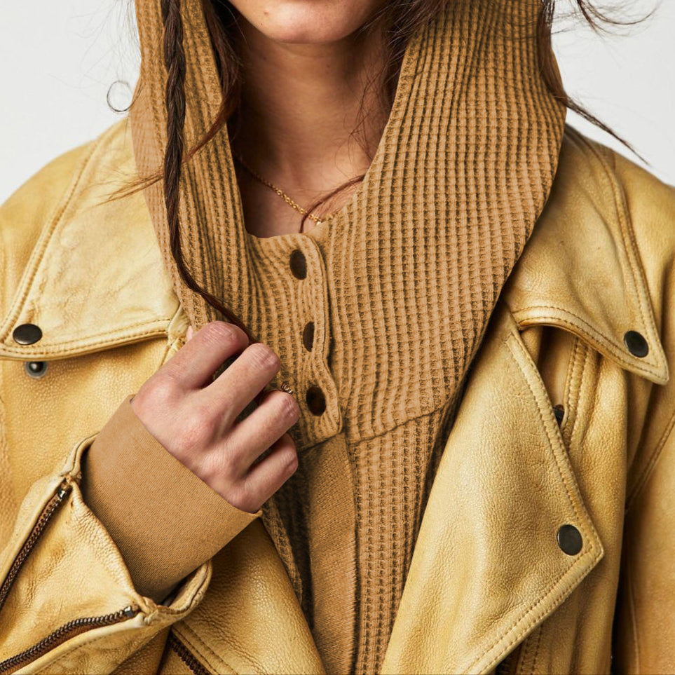 Women's Cropped Waffle Knit Hoodie with Full Zip and Button Collar