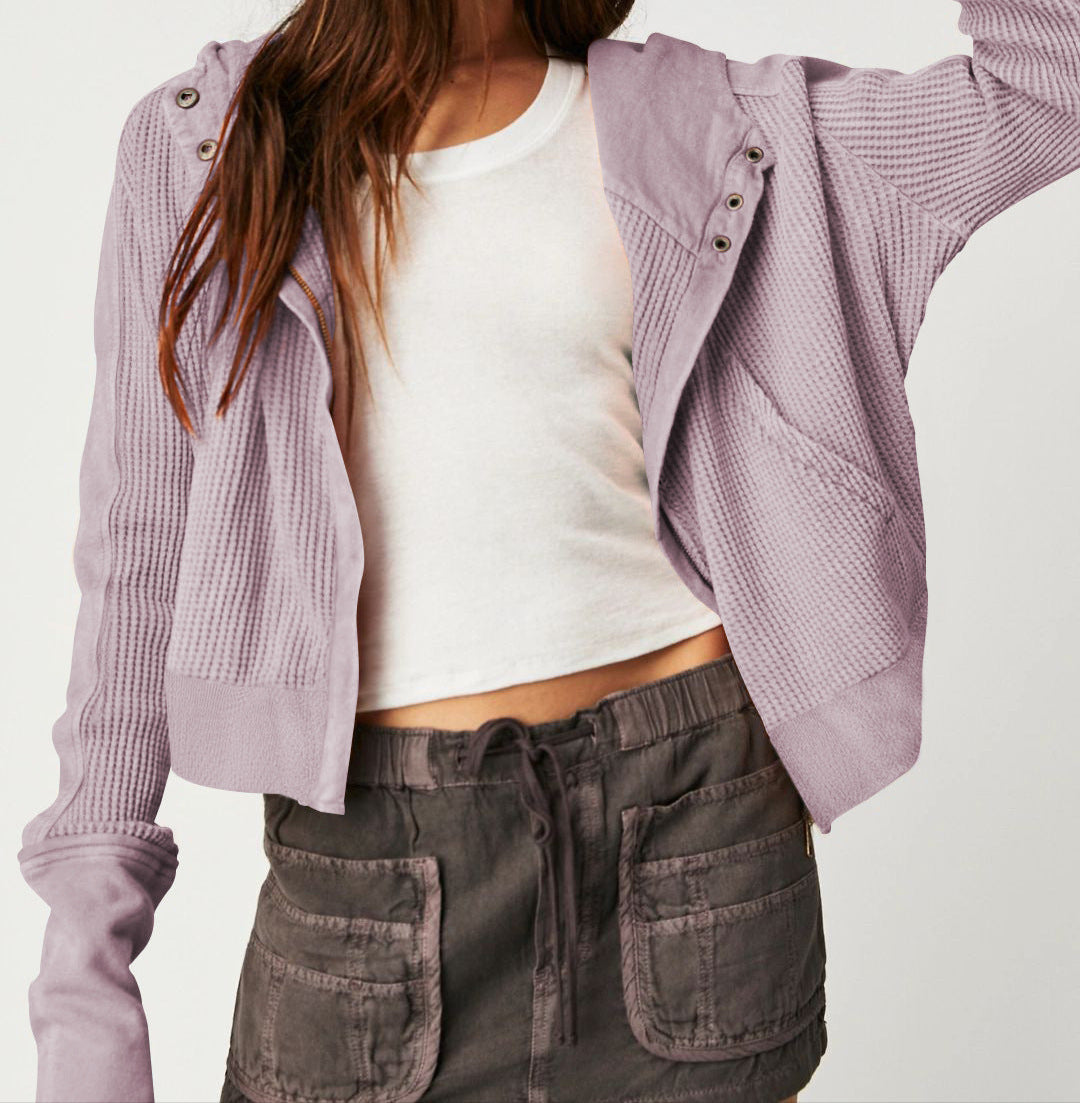 Women's Cropped Waffle Knit Hoodie with Full Zip and Button Collar