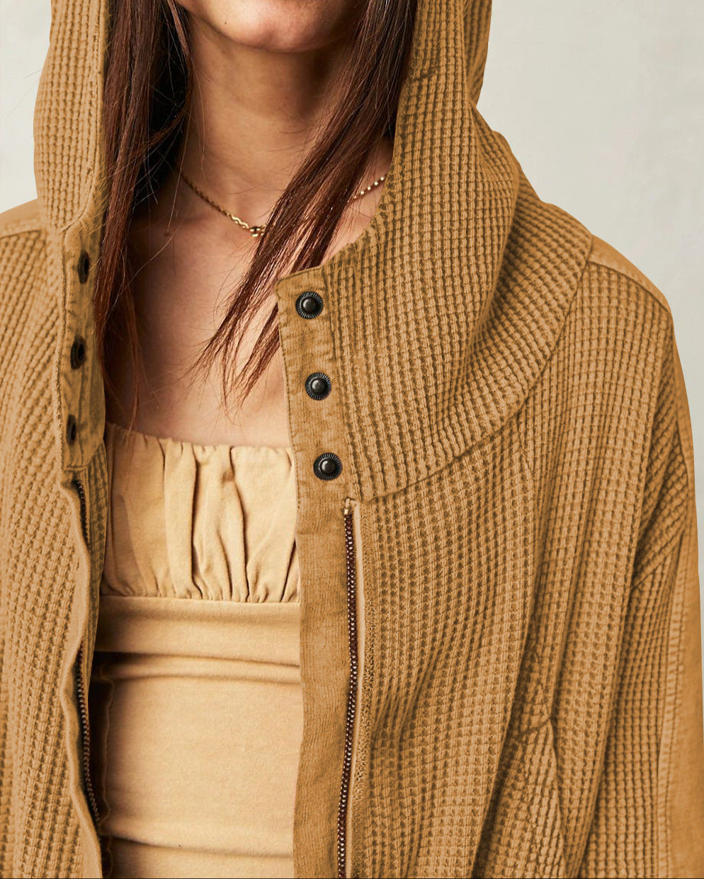 Women's Cropped Waffle Knit Hoodie with Full Zip and Button Collar