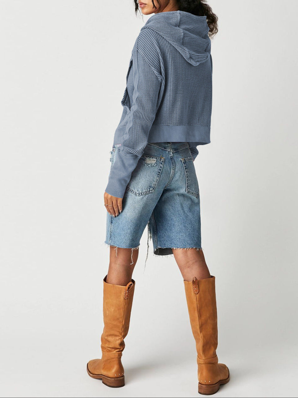 Women's Cropped Waffle Knit Hoodie with Full Zip and Button Collar