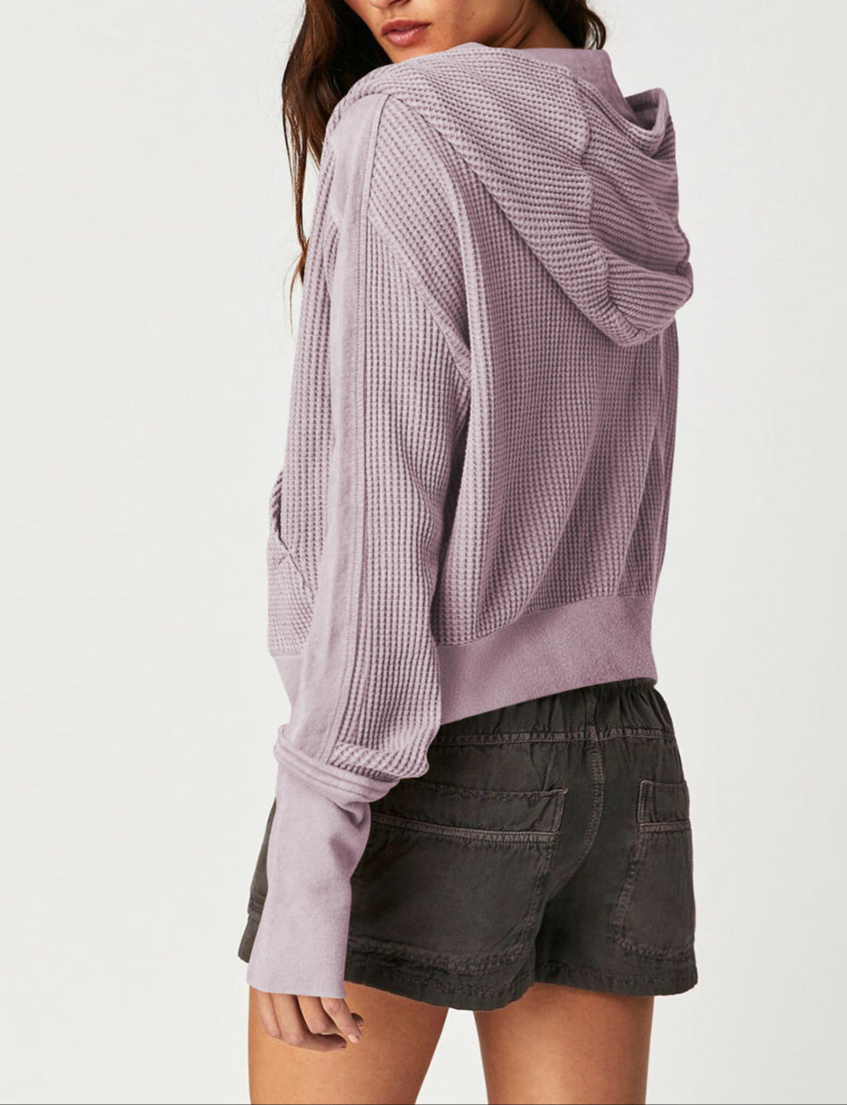 Women's Cropped Waffle Knit Hoodie with Full Zip and Button Collar