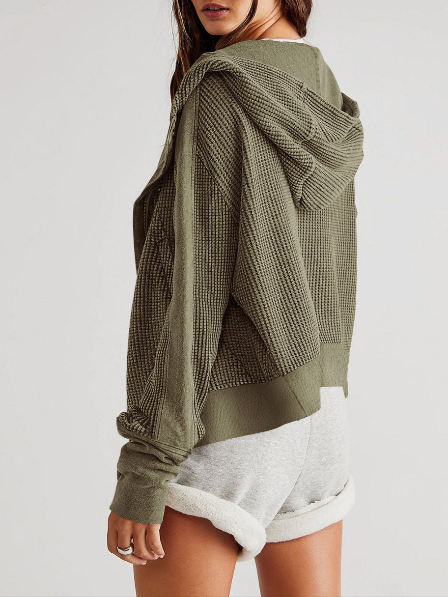 Women's Cropped Waffle Knit Hoodie with Full Zip and Button Collar