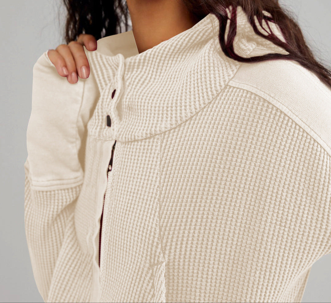 Women's Cropped Waffle Knit Hoodie with Full Zip and Button Collar