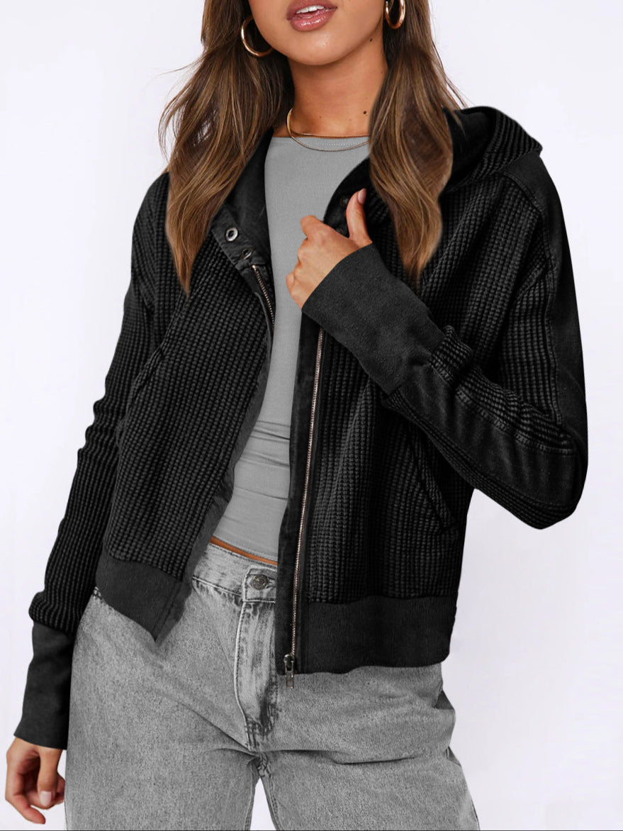 Women's Cropped Waffle Knit Hoodie with Full Zip and Button Collar