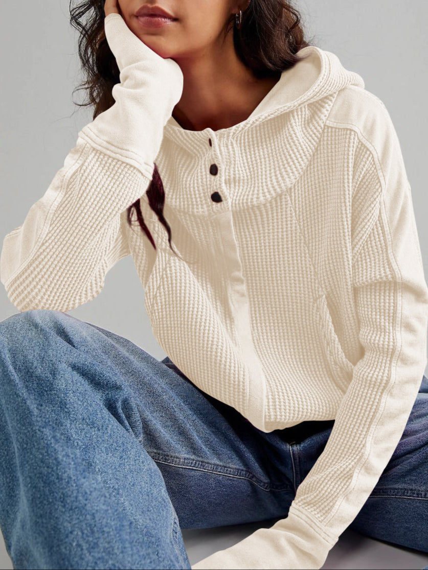 Women's Cropped Waffle Knit Hoodie with Full Zip and Button Collar