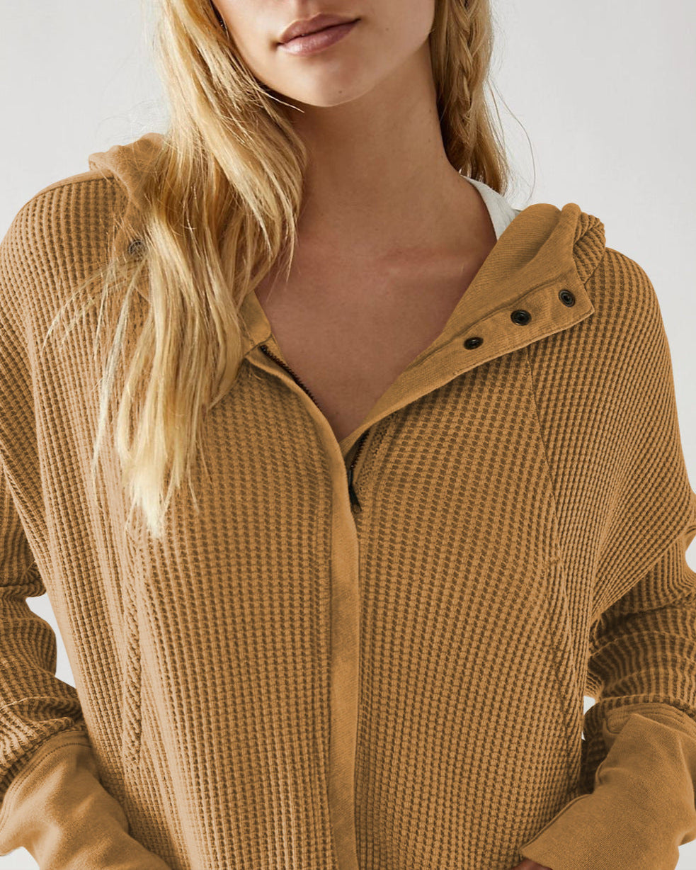 Women's Cropped Waffle Knit Hoodie with Full Zip and Button Collar