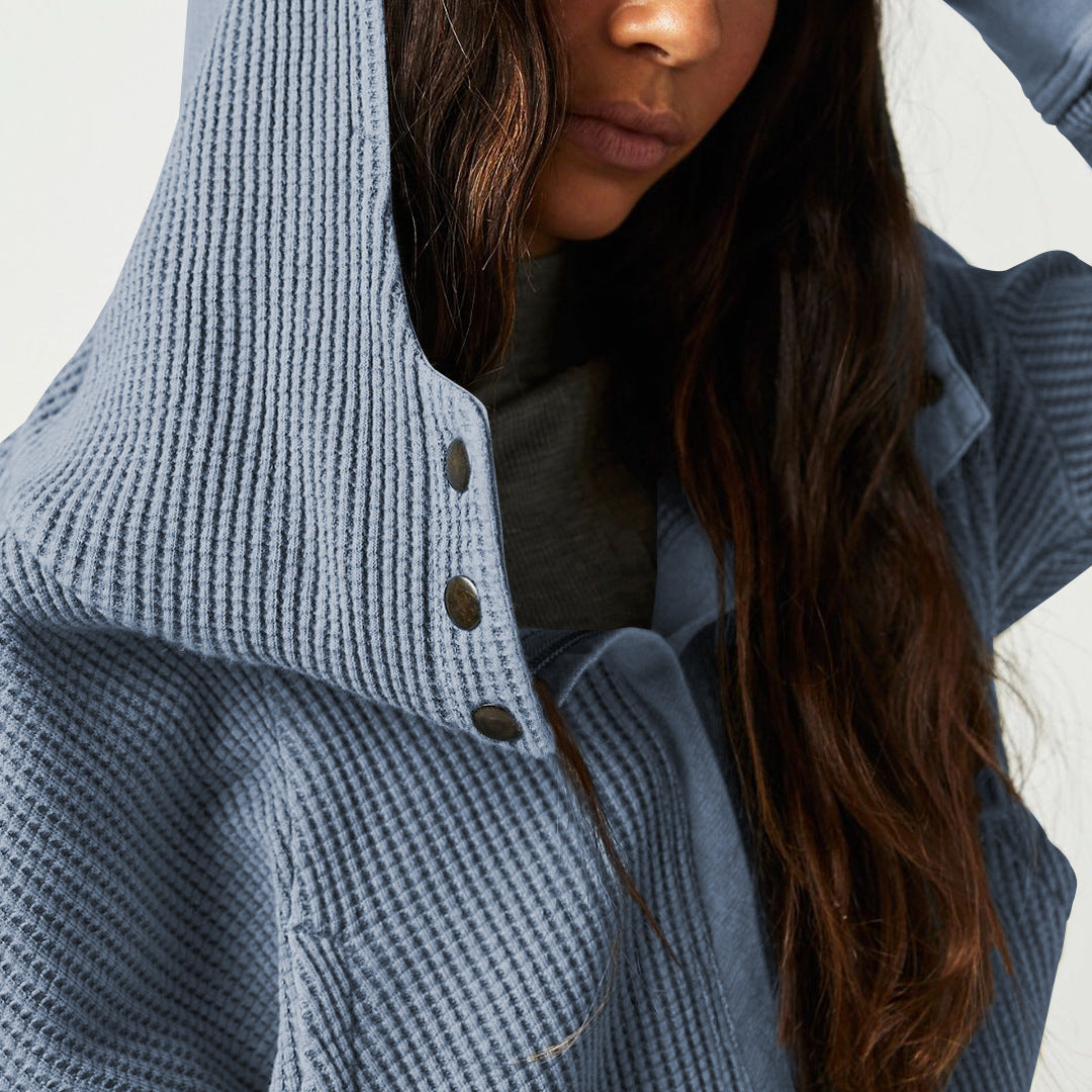 Women's Cropped Waffle Knit Hoodie with Full Zip and Button Collar