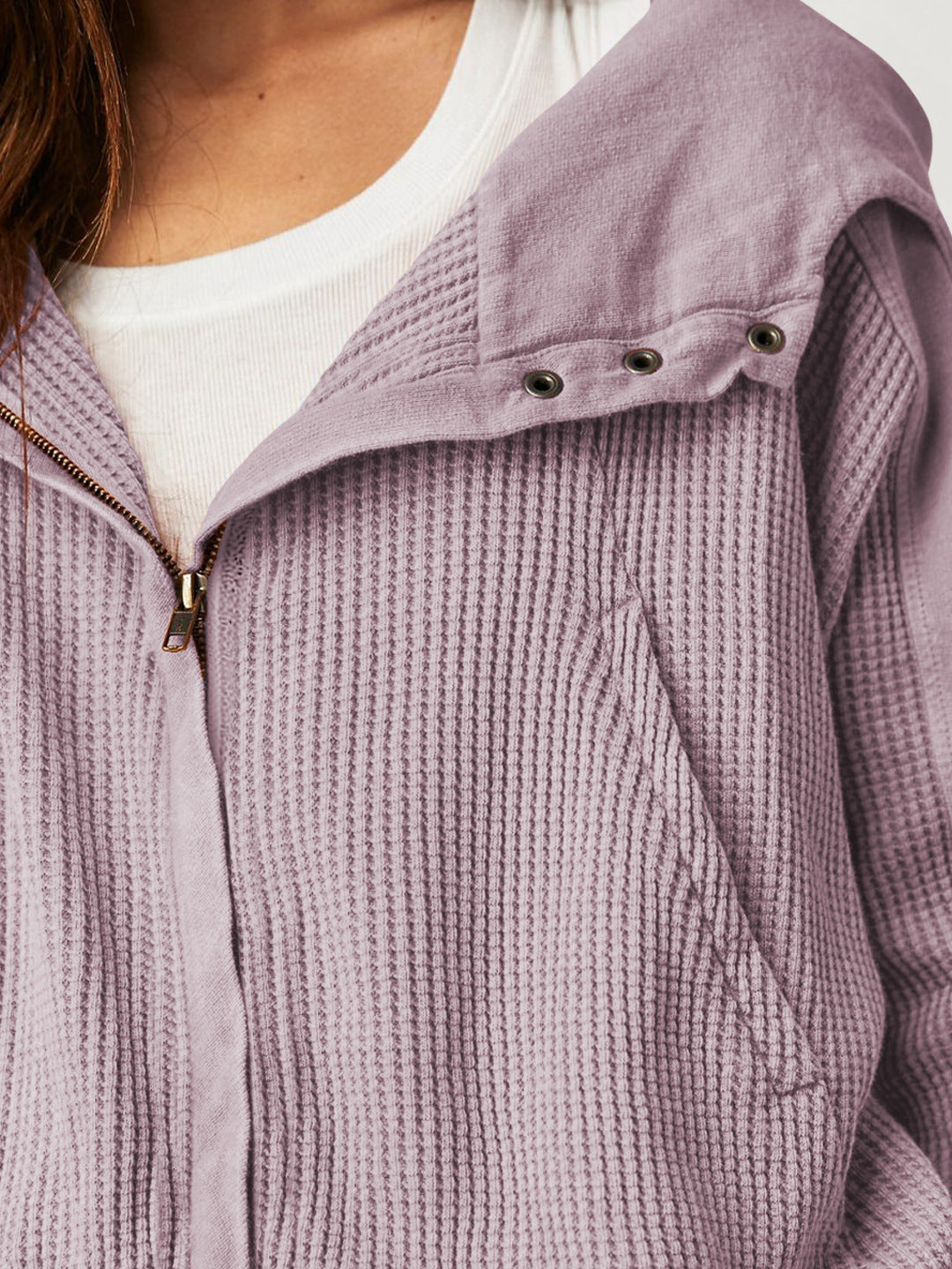 Women's Cropped Waffle Knit Hoodie with Full Zip and Button Collar