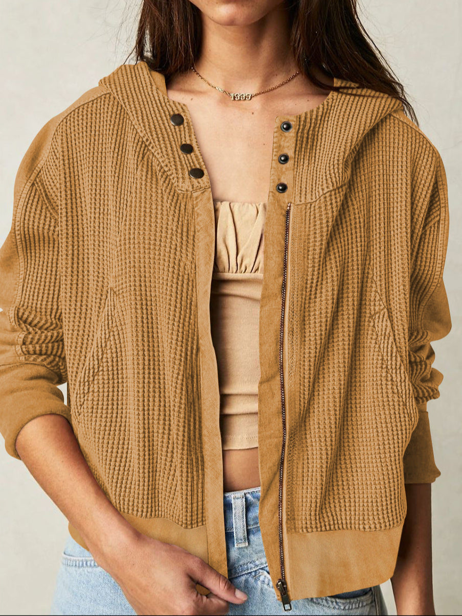 Women's Cropped Waffle Knit Hoodie with Full Zip and Button Collar