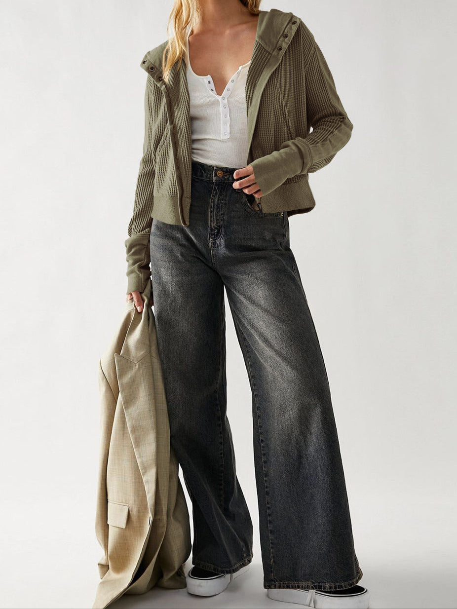 Women's Cropped Waffle Knit Hoodie with Full Zip and Button Collar