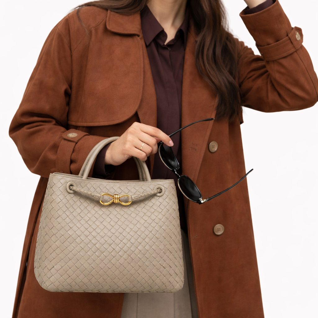 Women's Woven Faux Leather Tote Bag with Gold Clasp