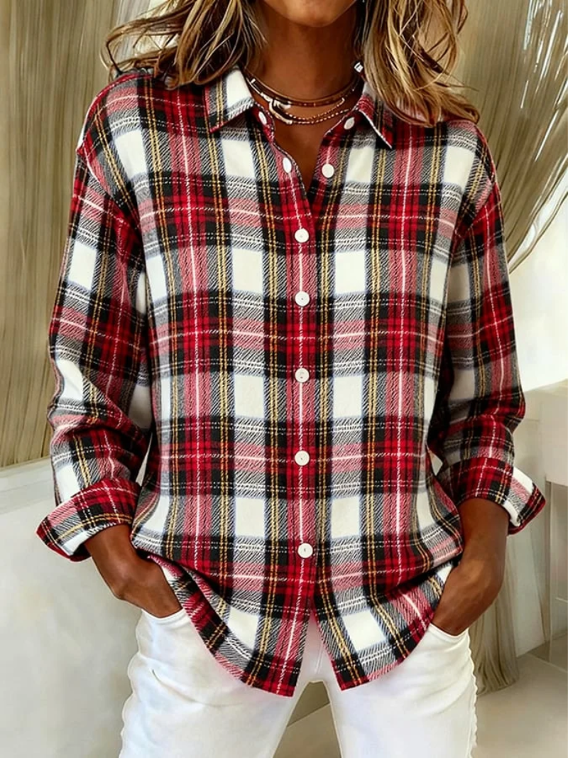 Women's Checked Flannel Blouse – Cotton Blend and Buttoned
