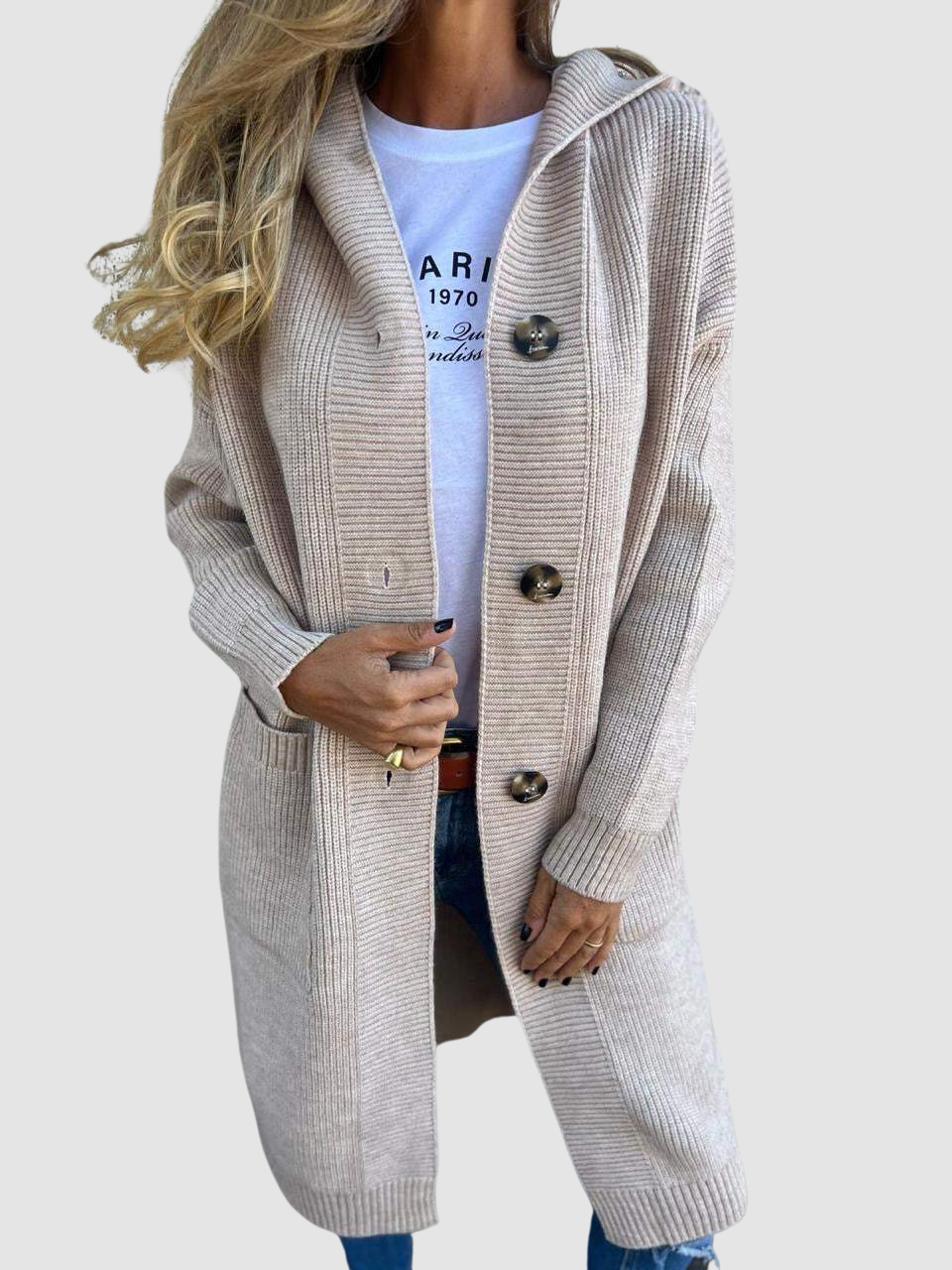 Women's Long Chunky Knit Cardigan With Hood And Button Front