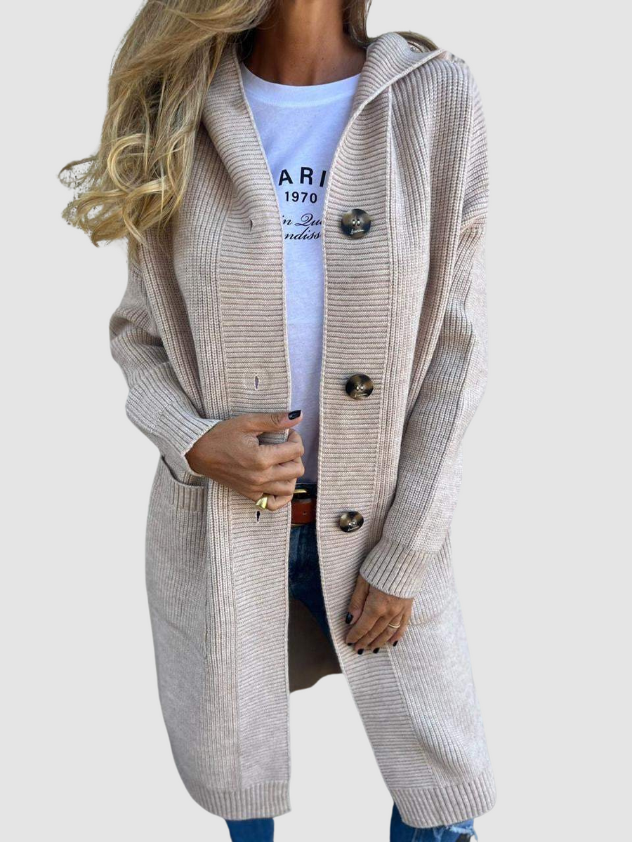 Women's Long Chunky Knit Cardigan With Hood And Button Front