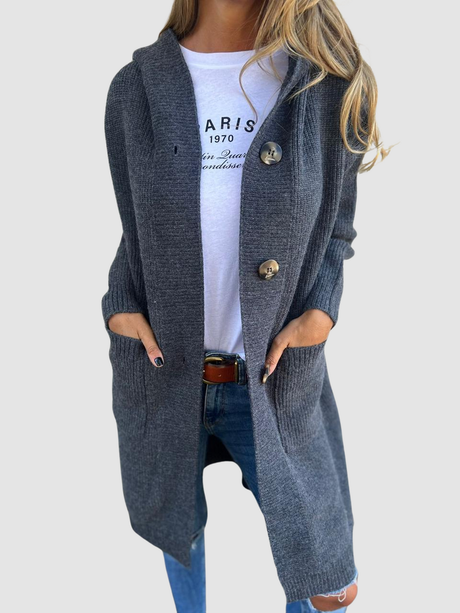 Women's Long Chunky Knit Cardigan With Hood And Button Front