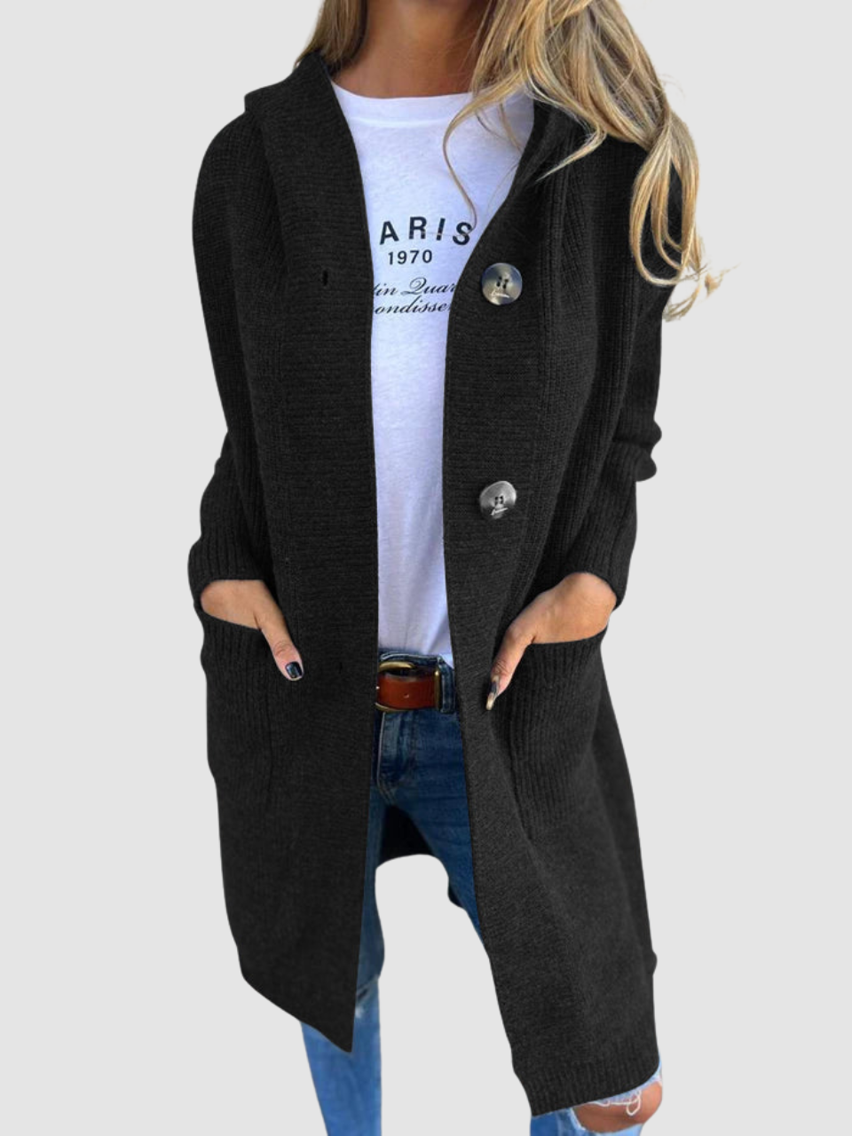 Women's Long Chunky Knit Cardigan With Hood And Button Front