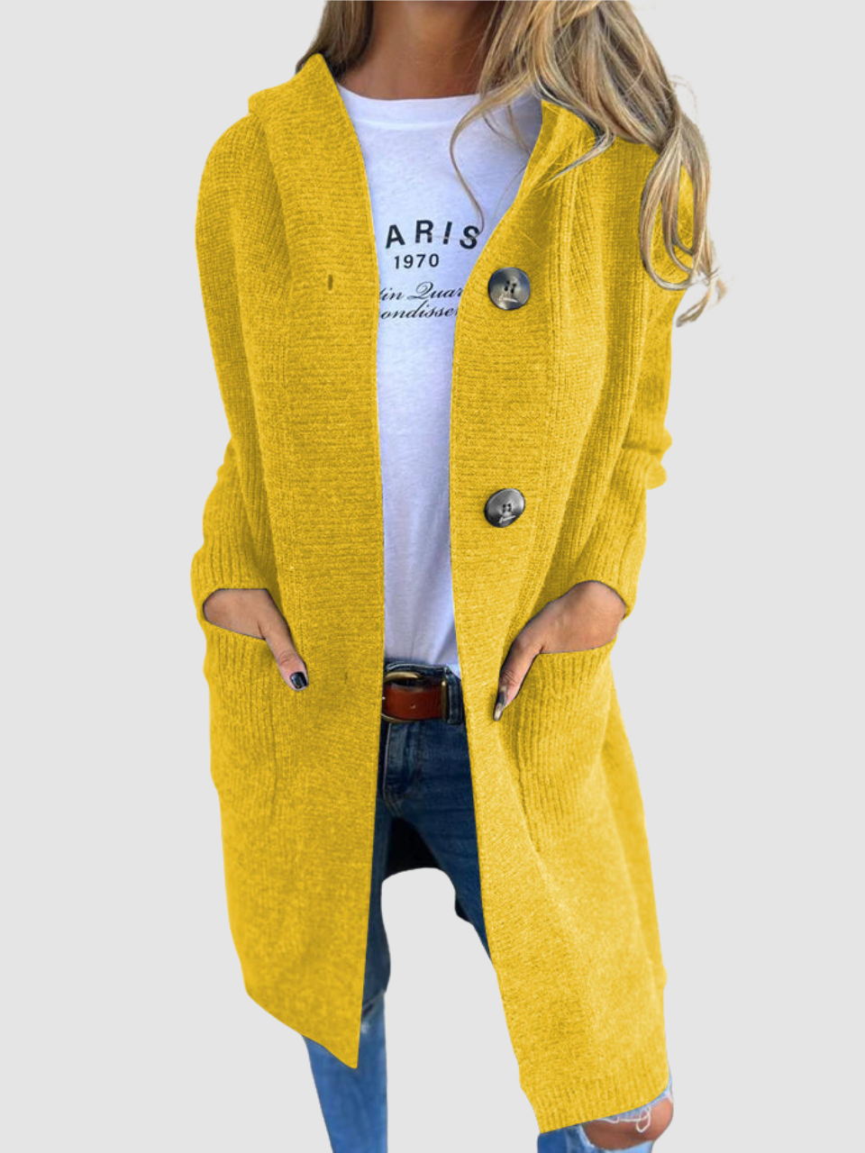 Women's Long Chunky Knit Cardigan With Hood And Button Front