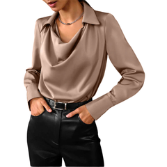 Tessa Collection | Women's Long Sleeve Satin Blouse with Modern Draped Neckline | Elegant Top for Effortless Style 2