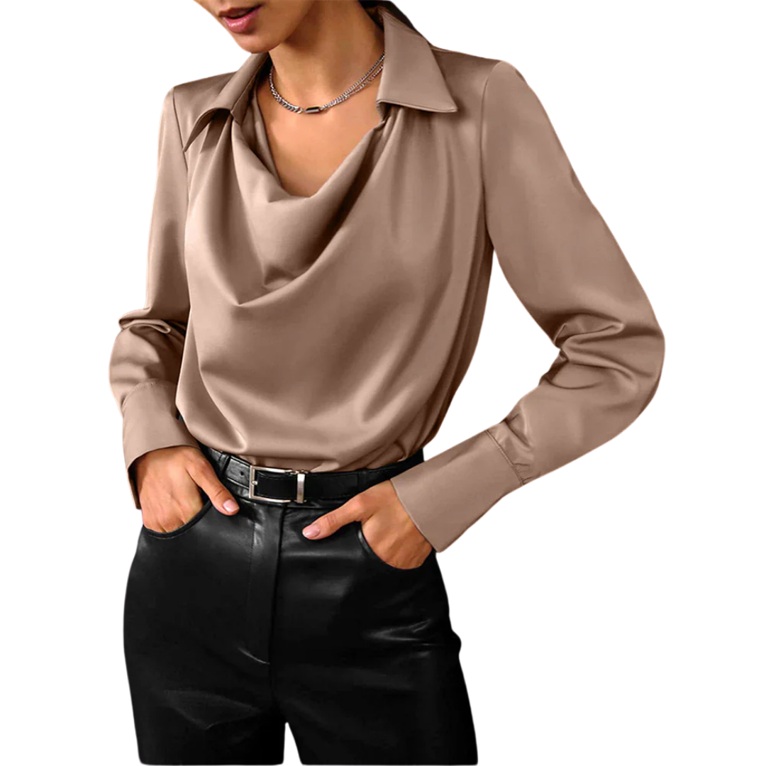 Tessa Collection | Women's Long Sleeve Satin Blouse with Modern Draped Neckline | Elegant Top for Effortless Style 2