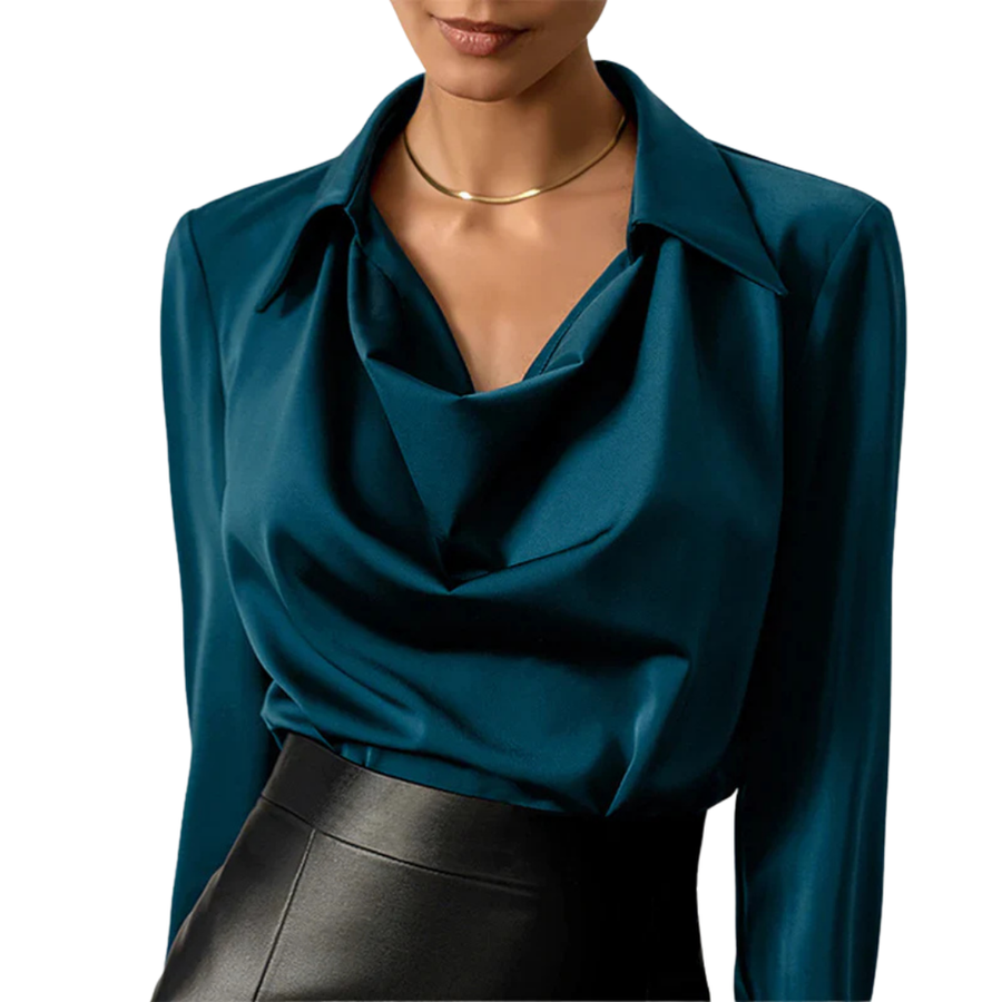 Tessa Collection | Women's Long Sleeve Satin Blouse with Modern Draped Neckline | Elegant Top for Effortless Style 1