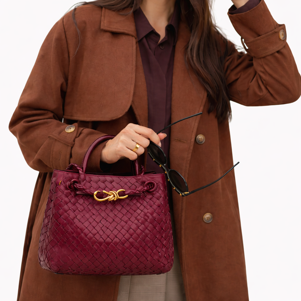 Women's Woven Faux Leather Tote Bag with Gold Clasp