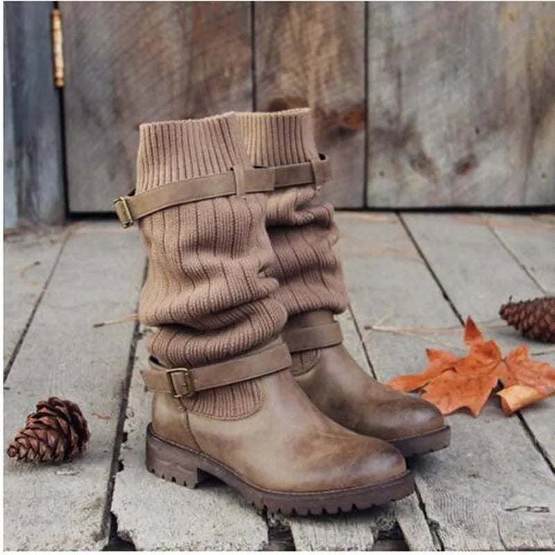 Rowena | Women’s Winter Slouch Knit Mid-Calf Boots With Buckle Straps 0