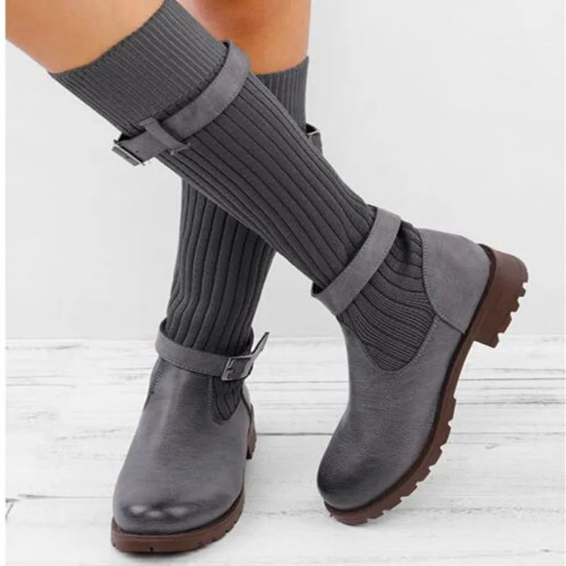Rowena | Women’s Winter Slouch Knit Mid-Calf Boots With Buckle Straps 6