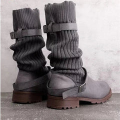 Rowena | Women’s Winter Slouch Knit Mid-Calf Boots With Buckle Straps 7
