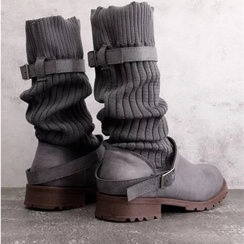 Rowena | Women’s Winter Slouch Knit Mid-Calf Boots With Buckle Straps 7