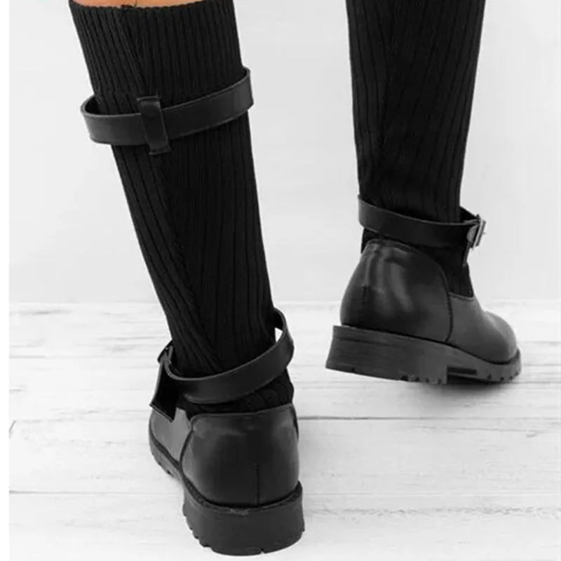 Rowena | Women’s Winter Slouch Knit Mid-Calf Boots With Buckle Straps 8