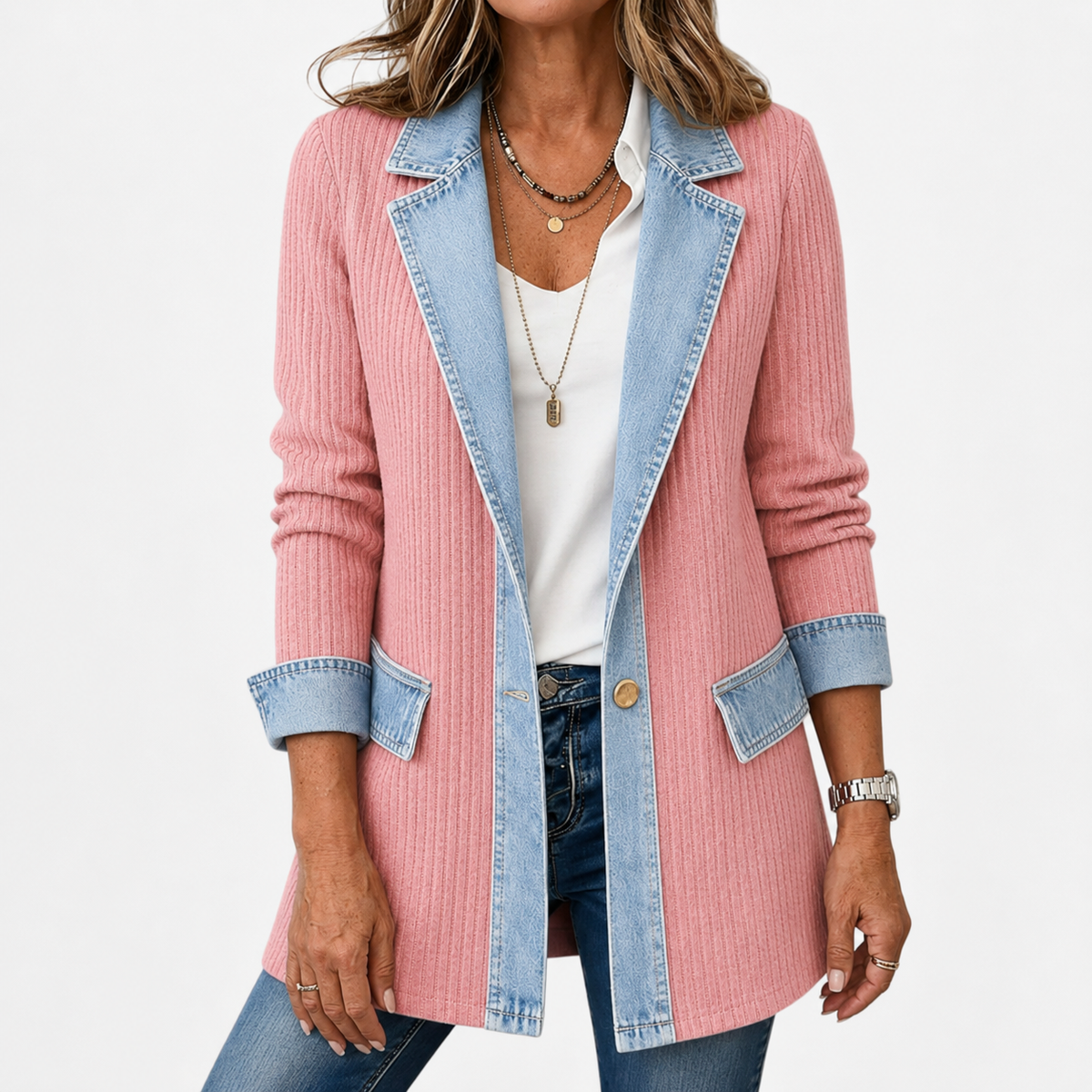 Women’s Mixed Denim Blazer Jacket with Contrast Lapels and Turn-Up Cuffs