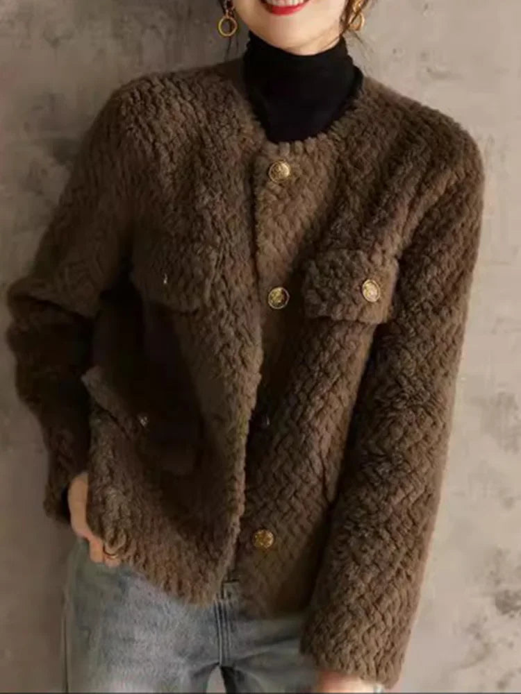 Women's Textured Boucle Jacket with Gold Button Front and Pockets