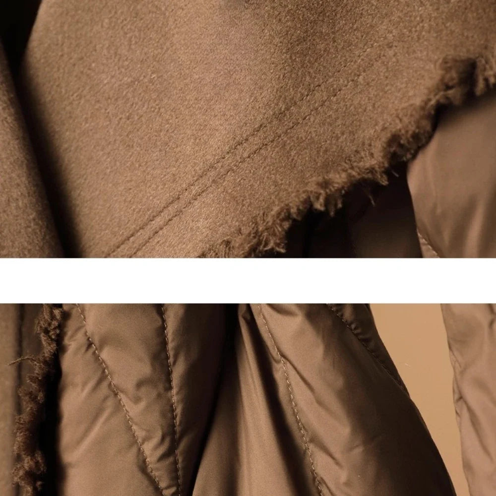 Women's Long Down Coat with Wool Trim and Open Front Design