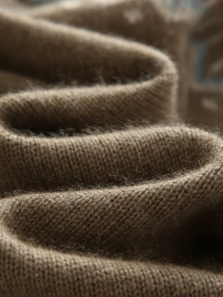 Women's Cashmere Zip Up Cardigan with Fair Isle Pattern and Ribbed Trim