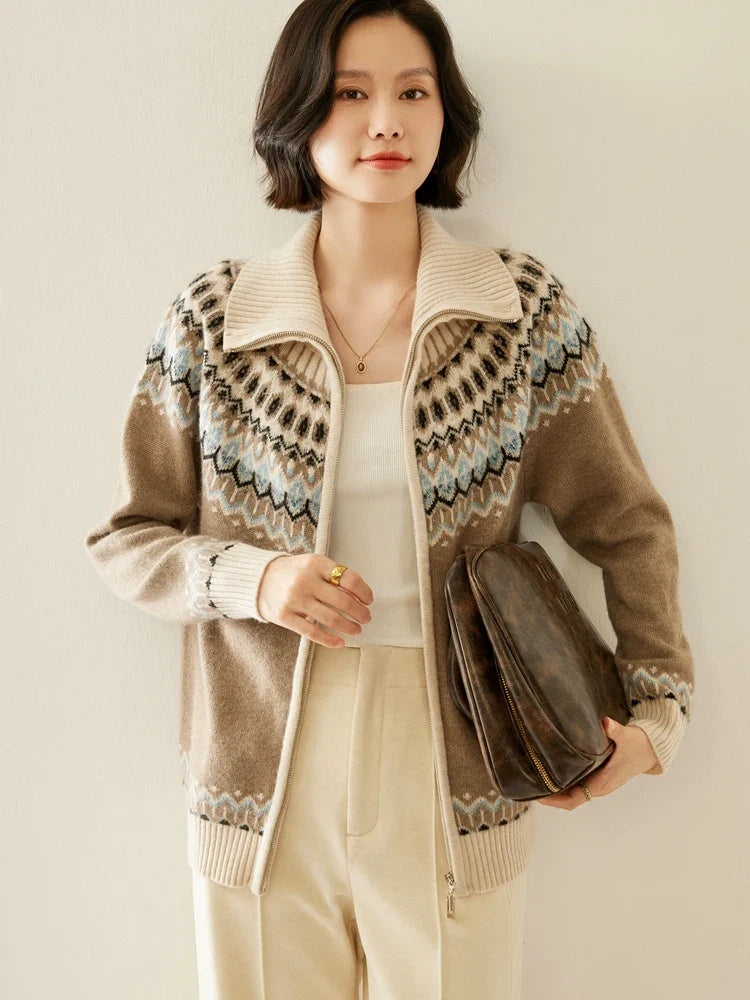 Women's Cashmere Zip Up Cardigan with Fair Isle Pattern and Ribbed Trim